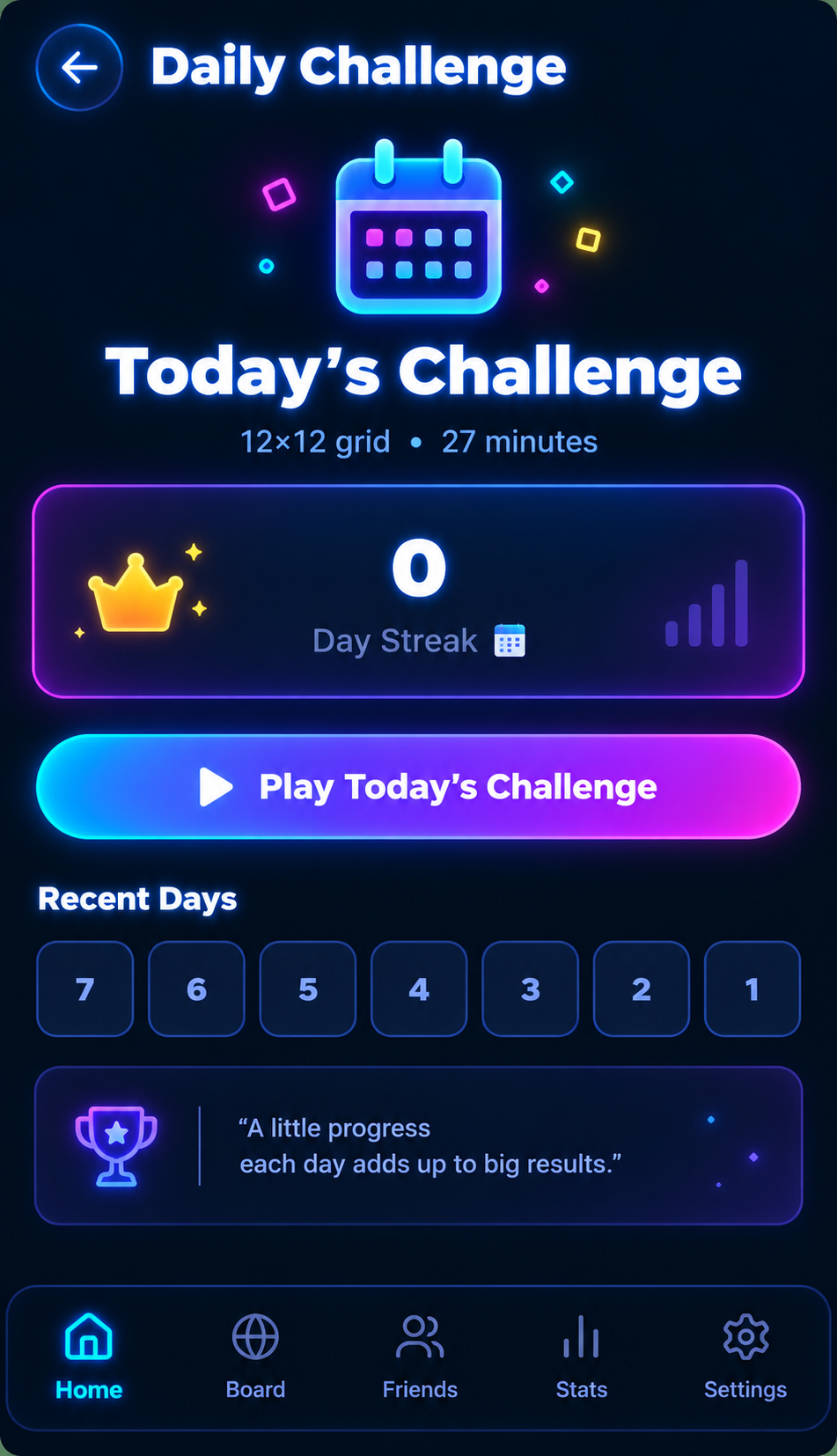 Daily Challenge screen showing a 12x12 grid, a 27 minute time limit and a day streak counter