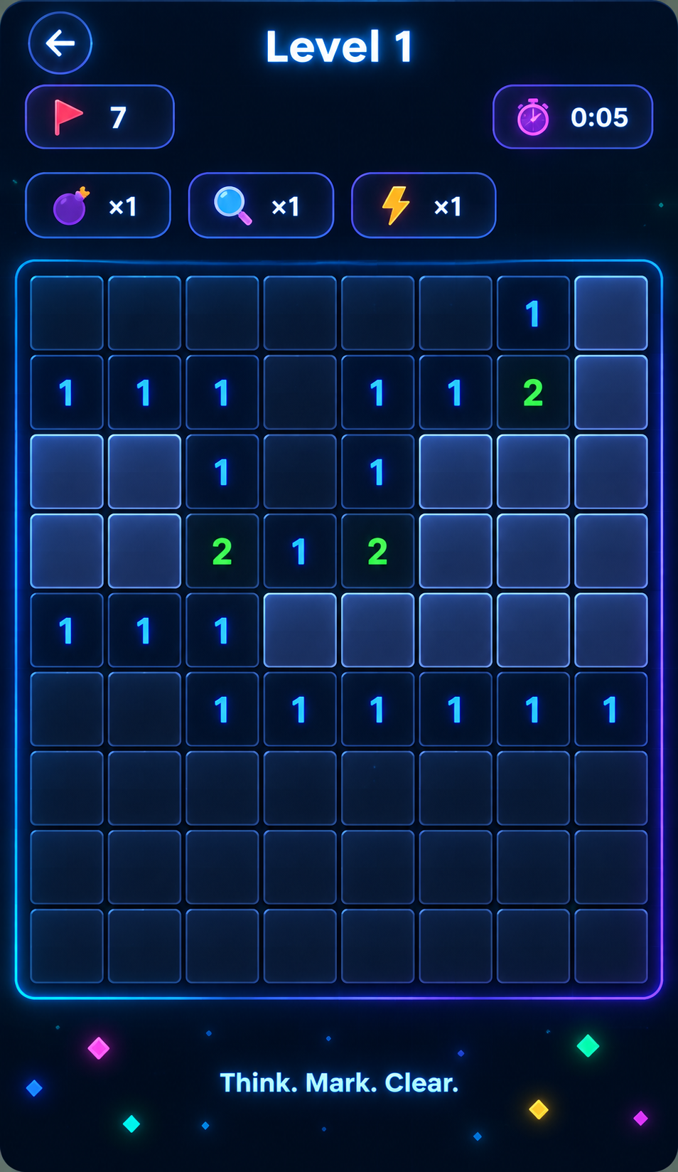 Minesweeper Evolved gameplay on Level 1 with flags, numbered tiles and the power-up bar