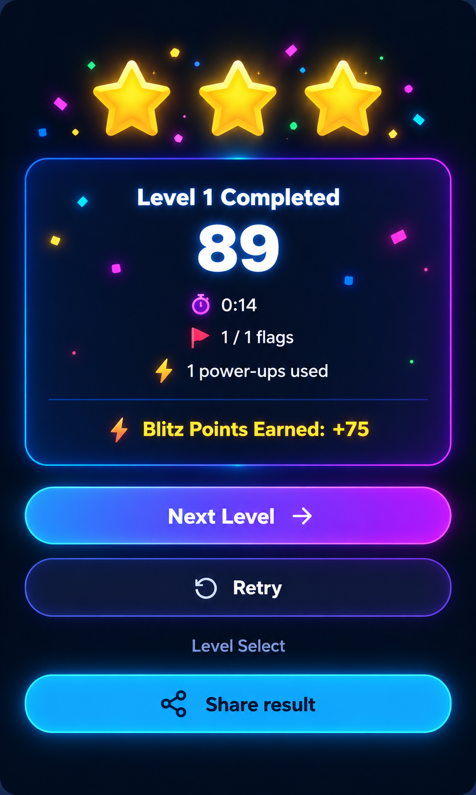 Level complete screen showing a three-star clear, time, flags, power-ups used and Blitz Points earned
