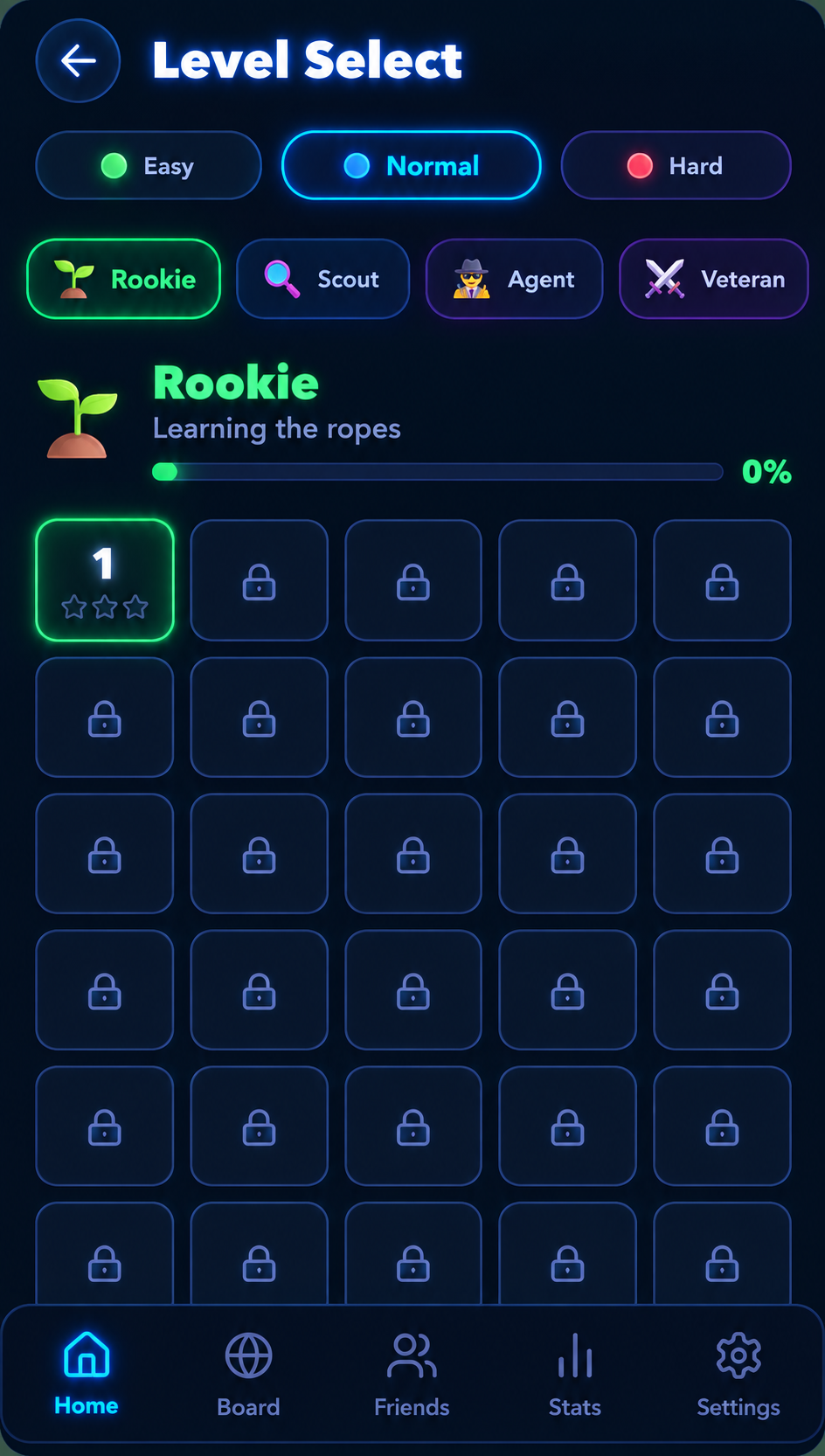 Level select screen showing the Rookie, Scout, Agent and Veteran zones and a locked level grid