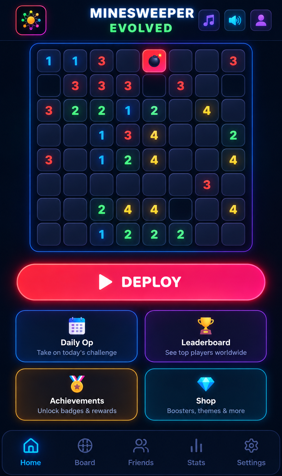 Minesweeper Evolved main menu with Deploy, Daily Op, Leaderboard, Achievements and Shop