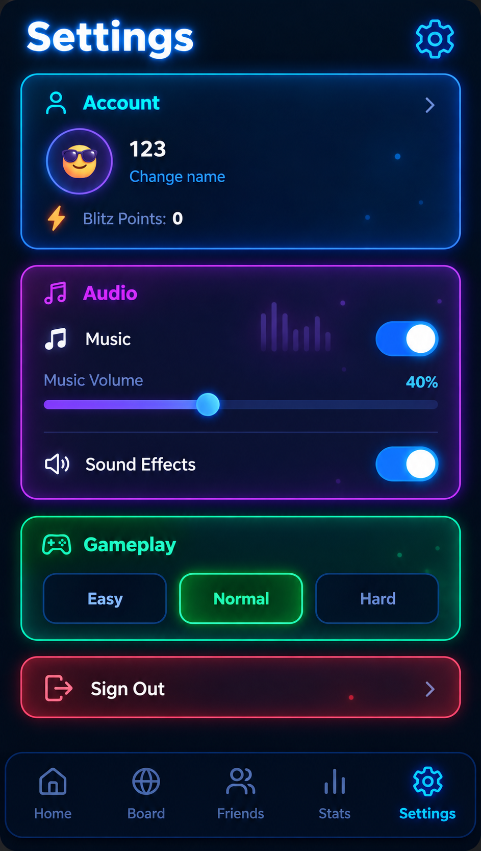 Settings screen showing account, audio controls and gameplay difficulty options