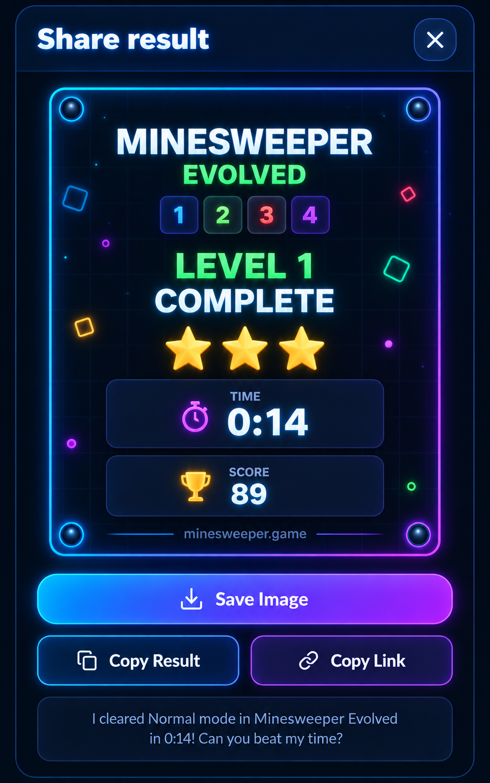 Share result card showing Level 1 Complete with three stars, time and score